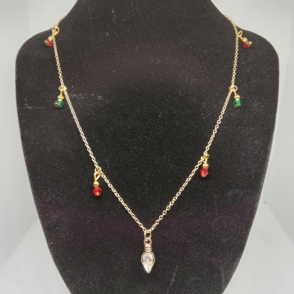 Hand Crafted Gold Necklace with Red and Green Charms